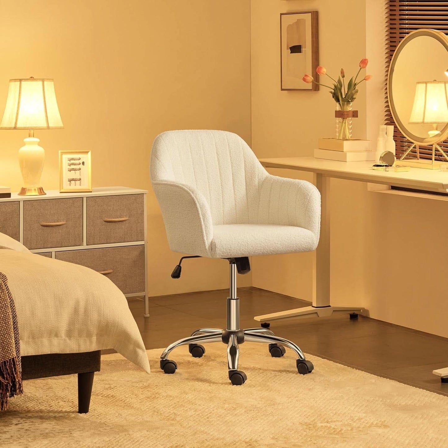 Ivory Boucle Vanity Chair Height Adjustable Makeup Desk Chair